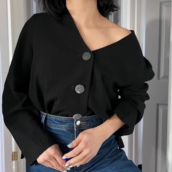 Vintage Yasuko black 3 button lightweight blazer linen rayon Medium Large